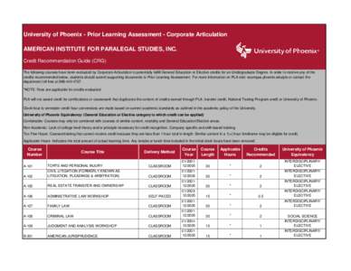 University of Phoenix - Prior Learning Assessment - Corporate Articulation AMERICAN INSTITUTE FOR PARALEGAL STUDIES, INC. Credit Recommendation Guide (CRG) The following courses have been evaluated by Corporate Articulat