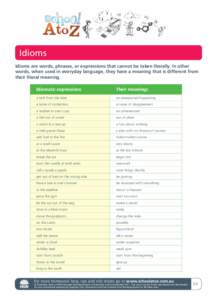 Idioms Idioms are words, phrases, or expressions that cannot be taken literally. In other words, when used in everyday language, they have a meaning that is different from their literal meaning. Idiomatic expressions