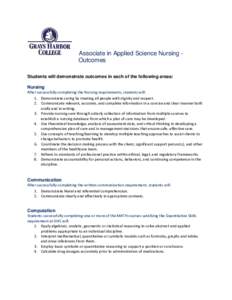 Associate in Applied Science Nursing Outcomes Students will demonstrate outcomes in each of the following areas: Nursing After successfully completing the Nursing requirements, students will: 1. Demonstrate caring by tre