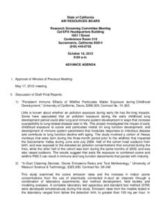 State of California AIR RESOURCES BOARD Research Screening Committee Meeting Cal/EPA Headquarters Building 1001 I Street Conference Room 510