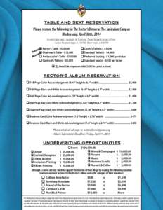 Table and Seat Reservation Please reserve the following for The Rector’s Dinner at The Janiculum Campus Wednesday, April 30th, 2014