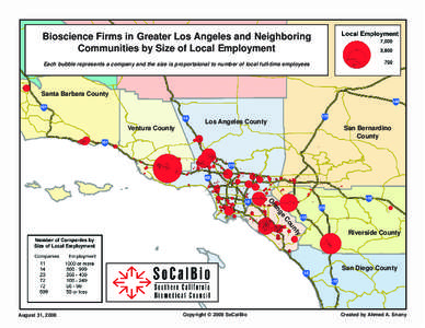 Bioscience Firms in Greater Los Angeles and Neighboring Communities by Size of Local Employment Each bubble represents a company and the size is proportaional to number of local full-time employees Santa Barbara County I