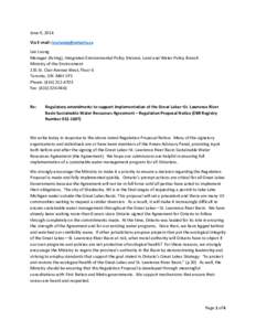 June 9, 2014 Via E-mail: [removed] Leo Luong Manager (Acting), Integrated Environmental Policy Division, Land and Water Policy Branch Ministry of the Environment 135 St. Clair Avenue West, Floor 6