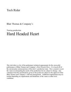 Tech Rider  Blair Thomas & Company’s Touring production  Hard Headed Heart