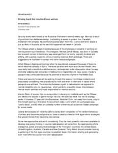 OPINION PIECE  Driving back the troubled lone wolves PETER JENNINGS Australian Financial Review, p39 27 October 2014