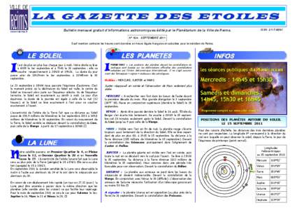 L A G A Z E T T E D E S E T O IL E S www.reims.fr Bulletin mensuel gratuit d’informations astronomiques édité par le Planétarium de la Ville de Reims.  ISSN 2117-699X