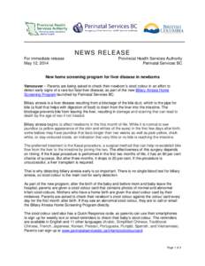 NEWS RELEASE For immediate release May 12, 2014 Provincial Health Services Authority Perinatal Services BC