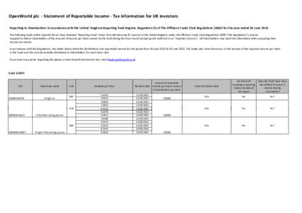 OpenWorld plc - Statement of Reportable Income - Tax information for UK investors Reporting to Shareholders in accordance with the United Kingdom Reporting Fund Regime, Regulation 51 of The Offshore Funds (Tax) Regulatio