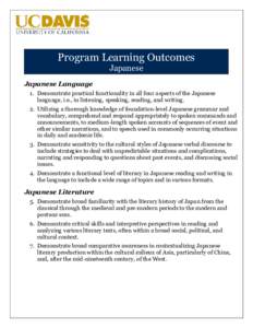 Program Learning Outcomes Japanese Japanese Language 1. Demonstrate practical functionality in all four aspects of the Japanese language, i.e., in listening, speaking, reading, and writing.