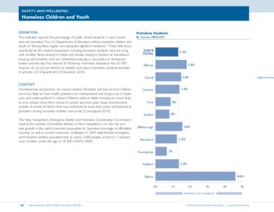 SAFETY AND WELLBEING:  Homeless Children and Youth DEFINITION This indicator reports the percentage of public school students in each county who are homeless.The U.S. Department of Education defines homeless children and