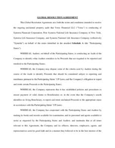 GLOBAL RESOLUTION AGREEMENT This Global Resolution Agreement sets forth the terms and conditions intended to resolve the ongoing unclaimed property audit that Verus Financial LLC (