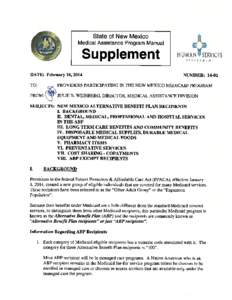 State of New Mexico Medical Assistance Program Manual Supplement DATE: February 18, 2014