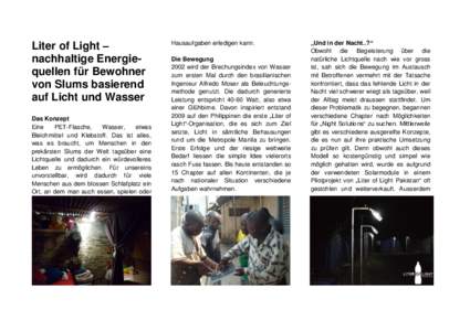 Liter of Light – nachhaltige Energiequellen für Bewohner von Slums basierend auf Licht und Wasser Das Konzept Eine