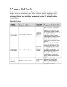 3. Program or Block Transfer For the most part, credit transfer involving public post-secondary institutions in this province occurs on a course-by-course basis. There are, however, program or block transfer arrangements