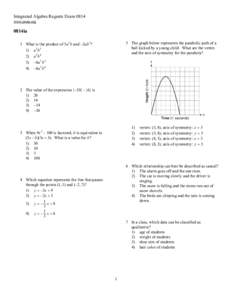 Integrated Algebra Regents Exam 0814 www.jmap.org 0814ia 5 The graph below represents the parabolic path of a ball kicked by a young child. What are the vertex