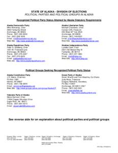 STATE OF ALASKA - DIVISION OF ELECTIONS POLITICAL PARTIES AND POLITICAL GROUPS IN ALASKA Recognized Political Party Status Attained by Alaska Statutory Requirements Alaska Democratic Party Mike Wenstrup, Chair 2602 Fairb