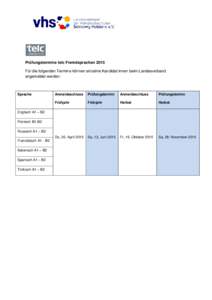 Prüfungstermine telc Fremdsprachen 2015 Für die folgenden Termine können einzelne Kandidat/innen beim Landesverband angemeldet werden: Sprache