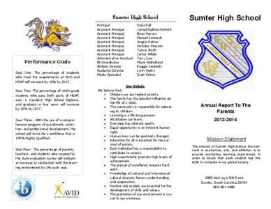 Sumter High School  Performance Goals Goal One: The percentage of students who meet the requirements on EOC and HSAP will increase by 10% by 2017.