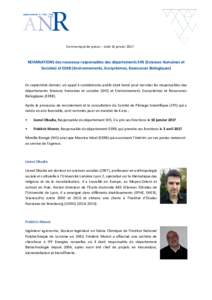 Communiqué de presse – lundi 16 janvierNOMINATIONS des nouveaux responsables des départements SHS (Sciences Humaines et Sociales) et EERB (Environnements, Ecosystèmes, Ressources Biologiques)  En septembre de