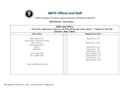 NEPS Offices and Staff NEPS is organised in 8 regions, roughly analogous to HSE Regional Structures NEPS Director – Anne Tansey NEPS Head Office Head Office: Department of Education and Skills, Marlborough Street, Dubl