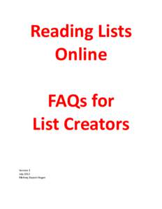 Reading Lists Online FAQs for List Creators Version 3 July 2012