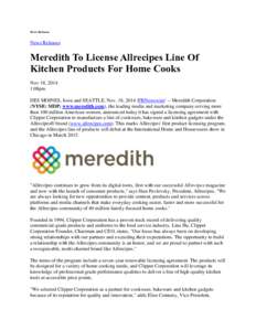 News Releases  News Releases Meredith To License Allrecipes Line Of Kitchen Products For Home Cooks