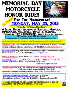 MEMORIAL DAY MOTORCYCLE HONOR RIDE!! ! 5th