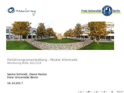 Einführungsveranstaltung – Master Informatik Mentoring WiSeSønke Schmidt, Diane Hanke Freie Universität Berlin