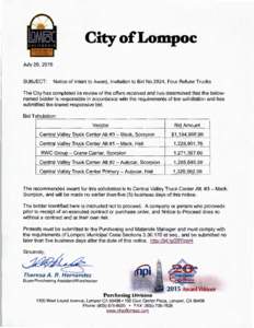 City of Lompoc July 26, 2016 SUBJECT:  Notice of Intent to Award, Invitation to Bid No.2824, Four Refuse Trucks