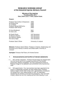 RESEARCH WORKING GROUP of the Industrial Injuries Advisory Council Minutes of the meeting Thursday 30 May 2013 10am, Room 2.29, 2nd Floor, Caxton House Present: