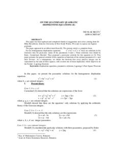 ON THE QUATERNARY QUADRATIC DIOPHANTINE EQUATIONS (II) NICOLAE BRATU1 ADINA CRETAN2 ABSTRACT This paper has been updated and completed thanks to suggestions and critics coming from Dr.