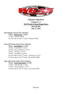 Lakeport Speedway Lakeport, CA Tuff Trucks & Beach Buggy Races Race Results July 21, 2012 Beach Buggies (Fastest Time-2 Rounds):