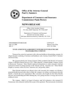 Office of the Attorney General Paul G. Summers Department of Commerce and Insurance Commissioner Paula Flowers  NEWS RELEASE