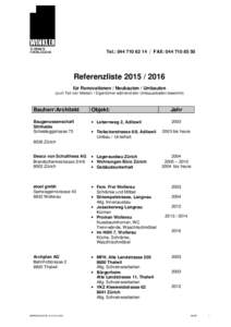 Tel.: FAX: Referenzlistefür Renovationen / Neubauten / Umbauten (zum Teil von Mietern / Eigentümer während den Umbauarbeiten bewohnt)