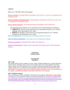 LEGEND  Black text = 2012 IBC model code language Red text underline = Existing Oregon Amendment which adds text to model code, proposed to be brought forward. Red text underline with strikethrough = Existing Oregon Amen