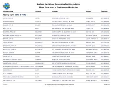 Leaf and Yard Waste Composting Facilities in Maine Maine Department of Environmental Protection Company Name Location