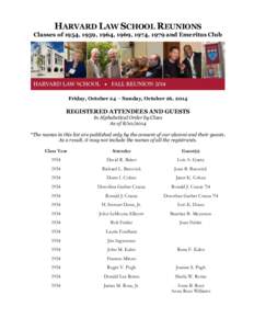 HARVARD LAW SCHOOL REUNIONS  Classes of 1954, 1959, 1964, 1969, 1974, 1979 and Emeritus Club Friday, October 24 – Sunday, October 26, 2014