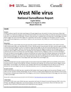 West Nile virus - National Surveillance Report, August 11 to August 17, 2013