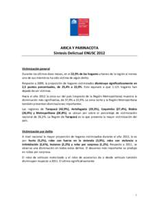 ARICA Y PARINACOTA Síntesis Delictual ENUSC 2012 Victimización general Durante los últimos doce meses, en el 22,9% de los hogares urbanos de la región al menos uno de sus miembros ha sido víctima de algún delito.