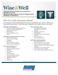 Creating informed health care consumers. Brought to you by Mang Insurance Agency and the Otsego County Chamber of Commerce  Wise Use of the Emergency Room