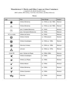 Manufacturer’s Marks and Other Logos on Glass Containers Compiled by the Bottle Research Group (Bill Lockhart, Bill Lindsey, Carol Serr, Pete Schulz, and Beau Schriever) Mexico Logo