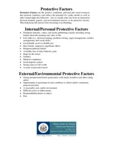 Protective Factors Protective Factors are the positive conditions, personal and social resources that promote resiliency and reduce the potential for youth suicide as well as other related high-risk behaviors. Just as su