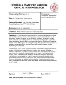 NEBRASKA STATE FIRE MARSHAL OFFICIAL INTERPRETATION Interpretation Number: 95-03 Date: 01 February[removed]original 18 July[removed]Comments: