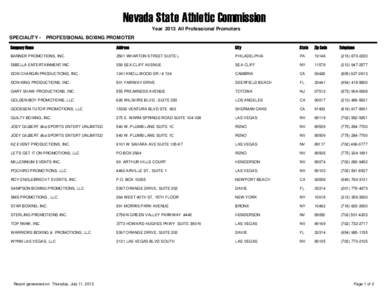 Nevada State Athletic Commission Year 2013 All Professional Promoters SPECIALITY - PROFESSIONAL BOXING PROMOTER