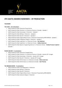 4TH AACTA AWARDS NOMINEES – BY PRODUCTION TELEVISION THE CODE – 10 nominations • AACTA Award for Best Television Drama Series • AACTA Award for Best Direction in a Television Drama or Comedy – Episode 1 • AAC