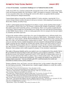 ASYMMETRIC THREAT GLOBAL SNAPSHOT  JANUARY 2012 A Year of Uncertainty - Asymmetric Challenges to U.S. National Security in 2012 At the end of 2010, few could have predicted the monumental stories of 2011: the deaths of O