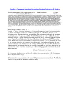 Southern Campaign American Revolution Pension Statements & Rosters Pension application of John Pemberton W10875 Transcribed by Will Graves Sarah Pemberton