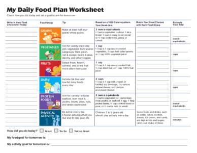 My Daily Food Plan Worksheet Check how you did today and set a goal to aim for tomorrow Write in Your Food Choices for Today  Food Group