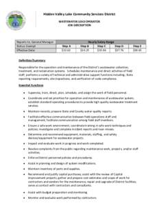 Hidden Valley Lake Community Services District WASTEWATER LEAD OPERATOR JOB DESCRIPTION Reports to: General Manager Status: Exempt