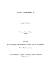 KEYNES AND AUSTRALIA  Donald J Markwell Research Discussion Paper[removed]